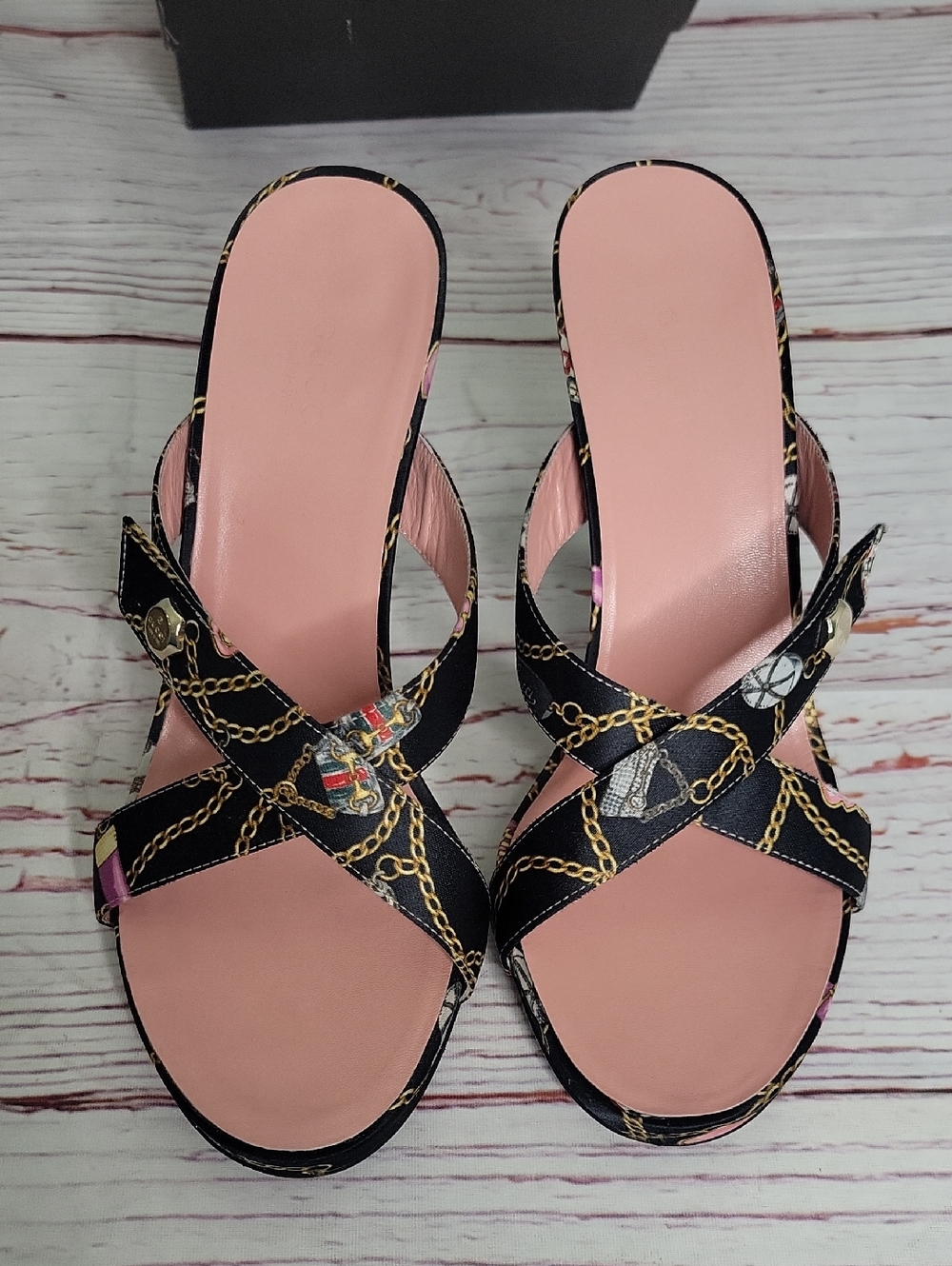 Gucci Techno Charms Print Pink & Black High Heel Sandals - Picture 4 of 9